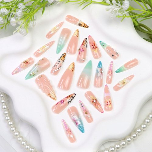 Long Press on Nails Almond Fake Nails French Tip False Nails with 3D Flower Rhinestones Leopard Designs Colorful Acrylic Nails for Women 24Pcs