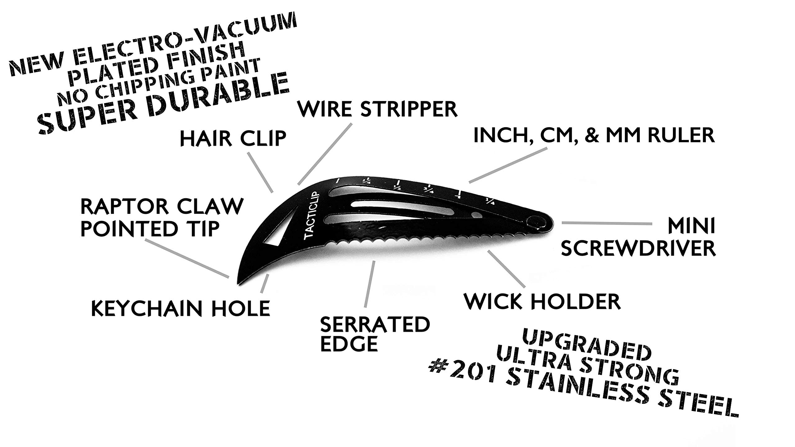 Tactical Hair Clips, 4 Pack - Black - Multitool Snap Barrettes - Laser Engraved, Vacuum Plated, Multi-Functional Keychain Multi Tool - Box Cutter, Serrated Edge, Raptor Claw