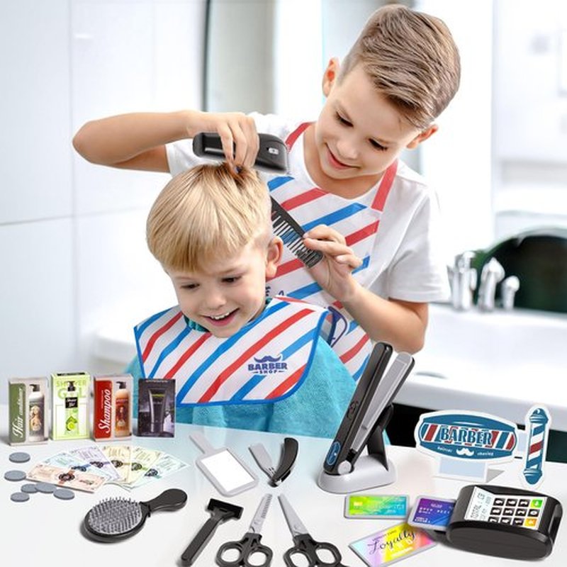 G.C 52Pcs Kids Hair Salon Toys Barber Kit Toddler Pretend Play Hair Cutting Boys Shaving Set with Hairdryer Shaver Razor Flat Iron Clipper Apron Scissors Styling Accessories Birthday Gifts