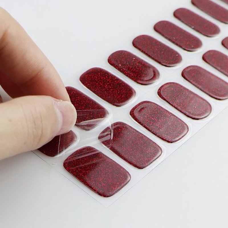 JMEOWIO Gel Nail Stickers Dark Red Glitter Christmas Semi Cured Gel Nail Strips Wraps UV/LED Nails Art Design Decoration Accessories
