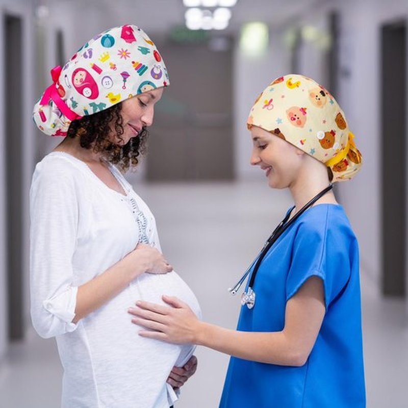 Jamntower 6 Pcs Labor and Delivery Scrub Caps with Sweatband Buttons Nursing Surgical Ponytail Bouffant Cap for Women Footprints Babies in Utero Pattern Adjustable Hat for Long Hair Midwife Obstetrics