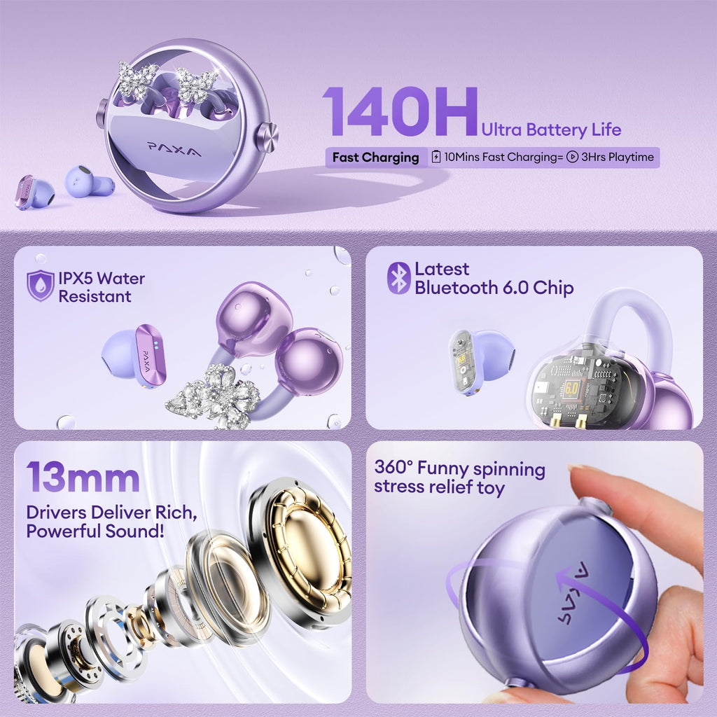 PAXA 3 in 1 Ctbuds Stylish Jewelry-Style Clip on Open Ear Headphones Wireless Earbuds, Instant Earring Mode, Ultra-Long 140H Play, Bluetooth 6.0, All-Day Wear for Work Fitness Daily Use, Purple