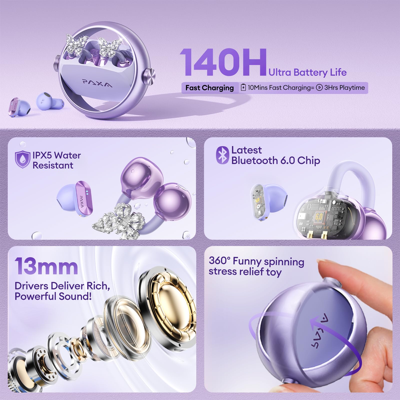 PAXA 3 in 1 Ctbuds Stylish Jewelry-Style Clip on Open Ear Headphones Wireless Earbuds, Instant Earring Mode, Ultra-Long 140H Play, Bluetooth 6.0, All-Day Wear for Work Fitness Daily Use, Purple