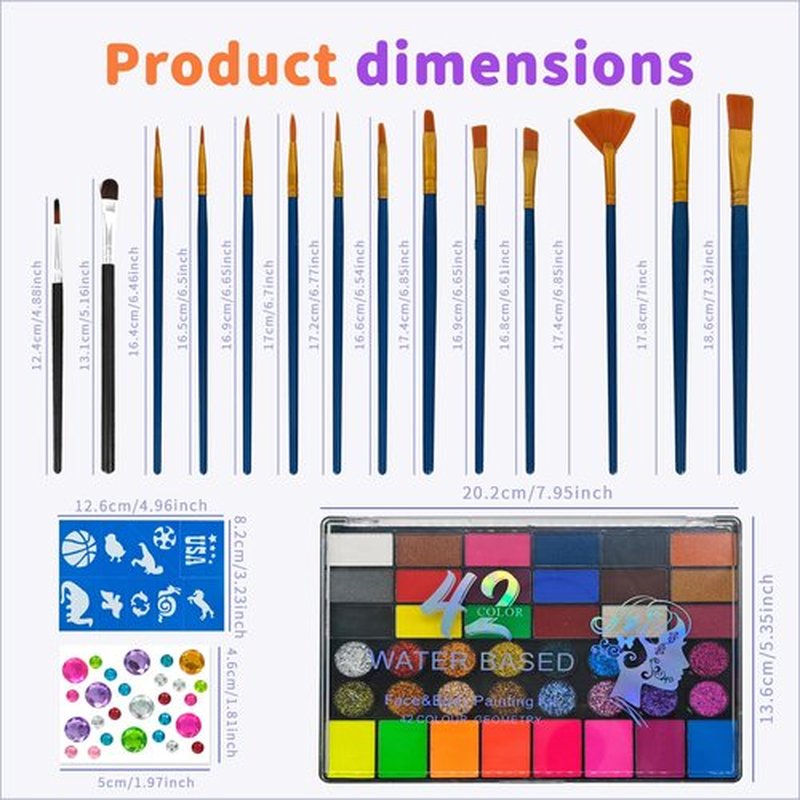 Professional Face Painting Kit, Water-Based Non-Toxic Makeup Set with Stencils, Gems, Brushes for Halloween, Carnival, Parties, School Events, Festivals (42 Colors)