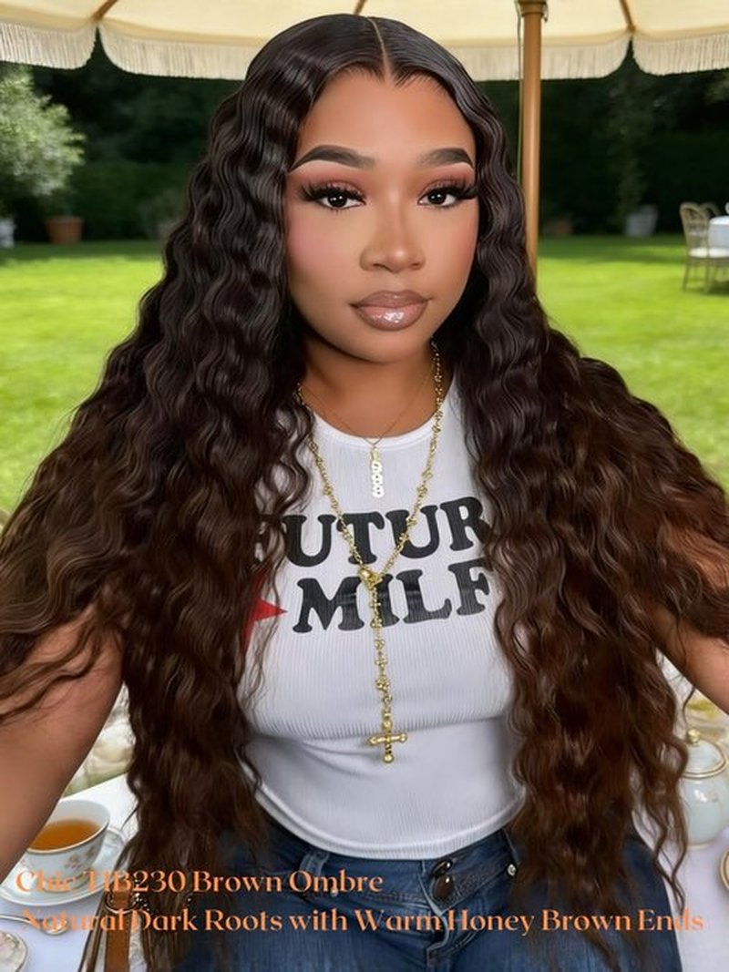 Anmetan 12A Ombre Human Hair Bundles Water Wave, Chestnut Ombre Brown 100% Remy Human Hair Curly 3 Bundle Wet and Wavy Thick 3 Tone Colored #T1B/2/30 Dark Roots Keep Soft After Washes 10 12 14 Inch