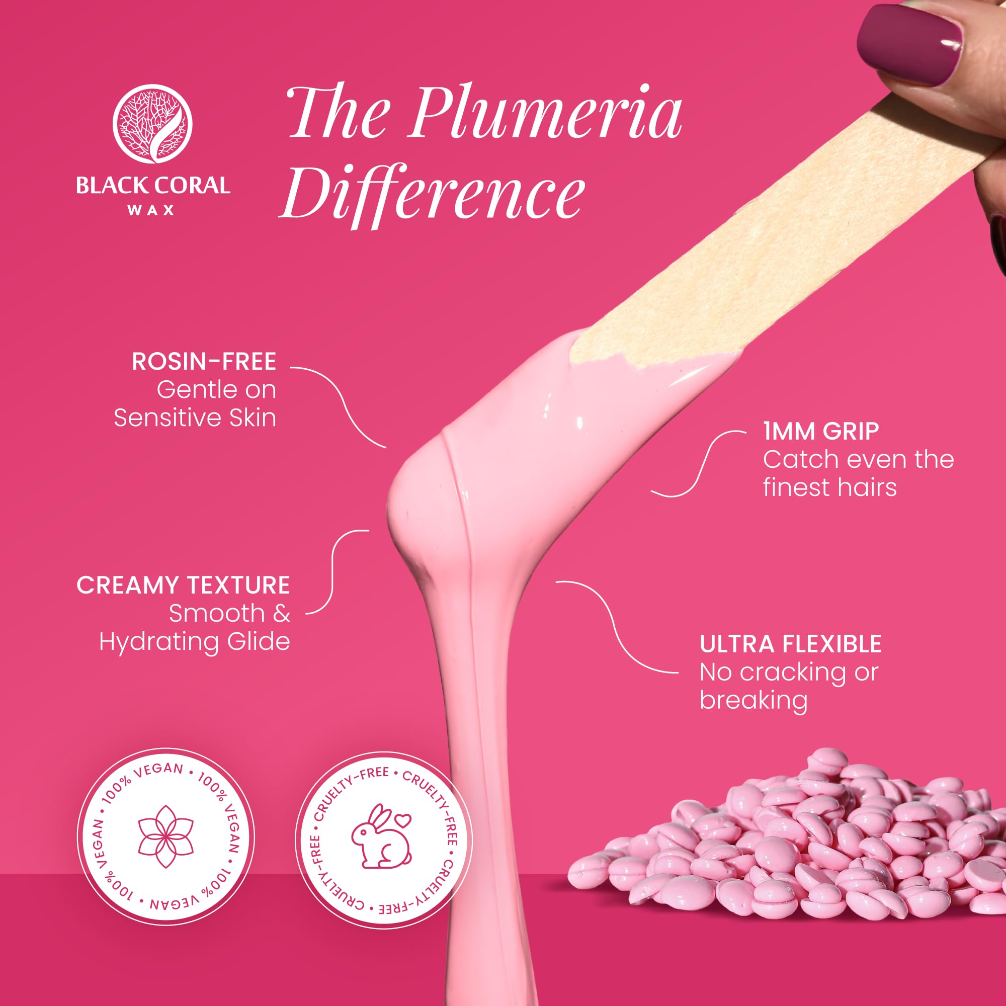 Black Coral Wax - Plumeria - 1 kg / 2.2 lb Pink Hard Wax Beads Bag - Bikini, Face & Whole Body No Strip Needed - Perfect for Sensitive Skin & Underarm Waxing - Cream Texture, Flafless Hair-Removal