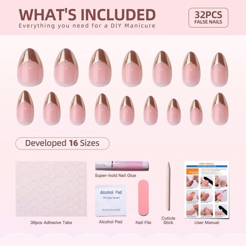 RTKHFZE Press On Nails Short - French Tip, Almond, Metallic Chrome Gold Finish, Reusable Stick On Nails in 16 Sizes - 32 Soft Gel False Nails Kit