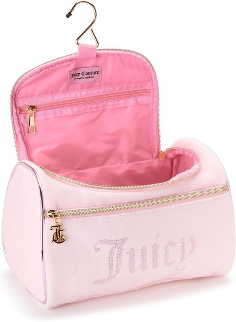 Juicy Couture Pink Makeup Bag - Velour Cosmetics Organizer with Rhinestones for Travel Essentials