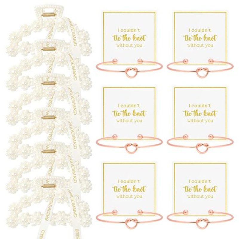 DEEKA 12 Pcs Bridesmaid Proposal Gifts, Pearl Hair Claw Clips & Bridesmaid Knot Bracelet Bachelorette Party Wedding Favors Bridal Party Present Hair Accessories for Women(Rose Gold Bracelets)