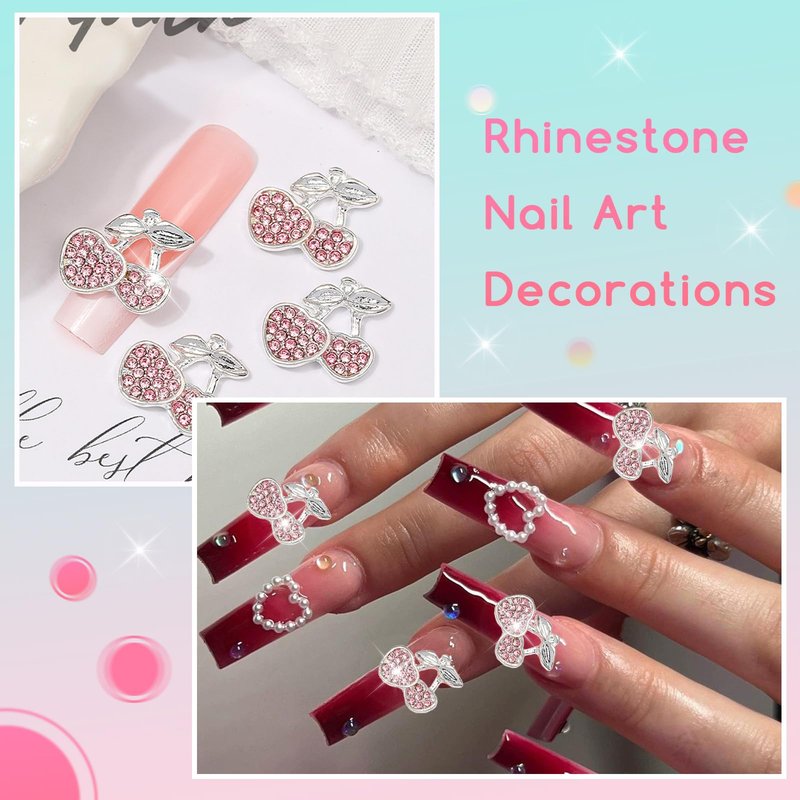 XEAOHESY 45 Pieces Silver Cherry and Strawberry 3D Nail Rhinestones - Cute Fruit Gems and Charms for Women's Manicure and Nail Art Decoration
