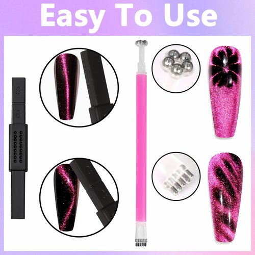 Laza 12 Pcs Nail Magnet Set, Super Strong Cylinder Magnet, Heart Magnet for Nails Double-head Magnet Wands for Magnetic Nails, 9D Galaxy Cat Eye Nail Art, Magnetic Nail Polish