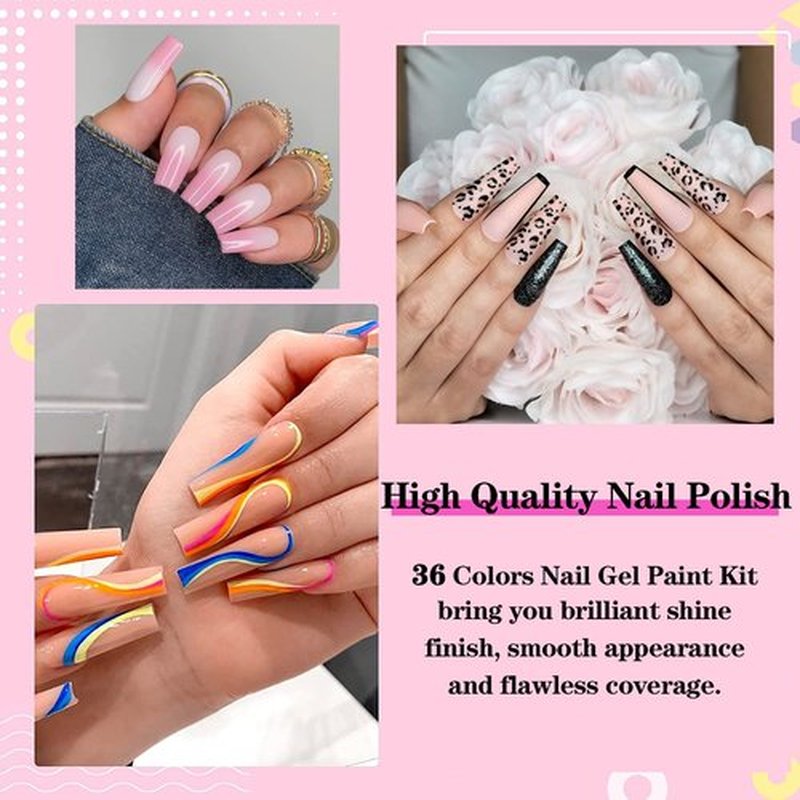 36 Colors Nail Art Gel Paint Kit, 38PCS Polish Set With Brush for DIY Design At Home, Solid Polish for DIY, Nails Kits Gift for Women