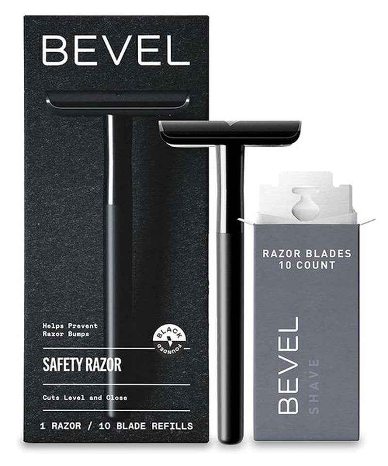 Bevel Safety Razor - Brass Weighted Handle with 10 Double Edge Blades | Designed for Coarse Hair, Black
