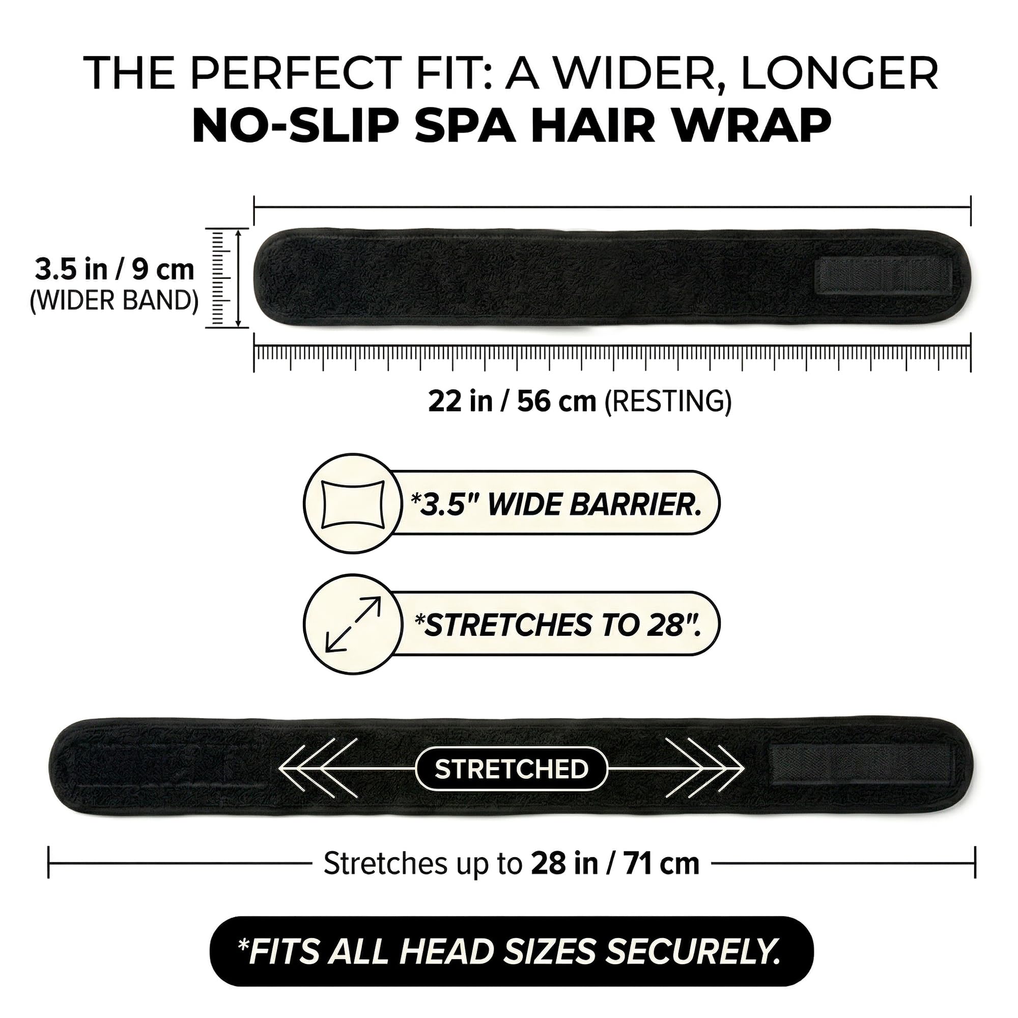 Appearus Spa Facial Headband Stretch Terry Cloth Hair Wraps with Hook and Loop Closure for Salon and Esthetician Use 4 Count Black