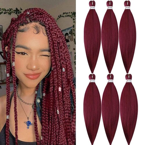 MSBELLE Red Braiding Hair Pre Stretched,20 Inch 6 Pack Prestretched Braiding Hair Extensions for Women Synthetic Soft Yaki Texture Crochet Braids Hair Extensions (Burgundy 900#)