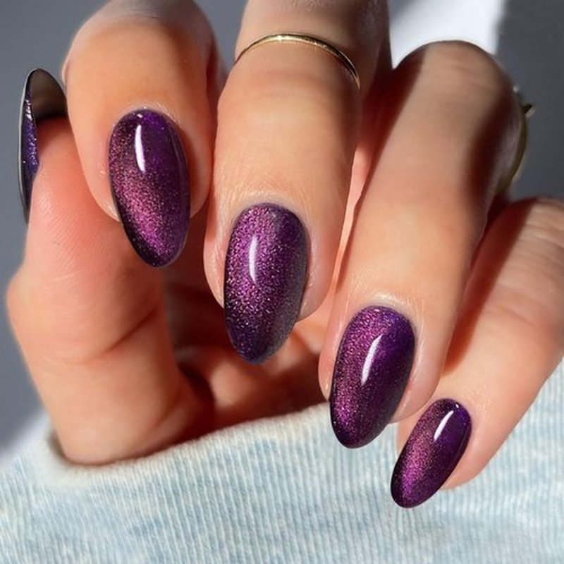JMEOWIO Gel Nail Stickers Deep Purple Cat Eye Semi Cured Gel Nail Strips Wraps UV/LED Nails Art Design Decoration Accessories