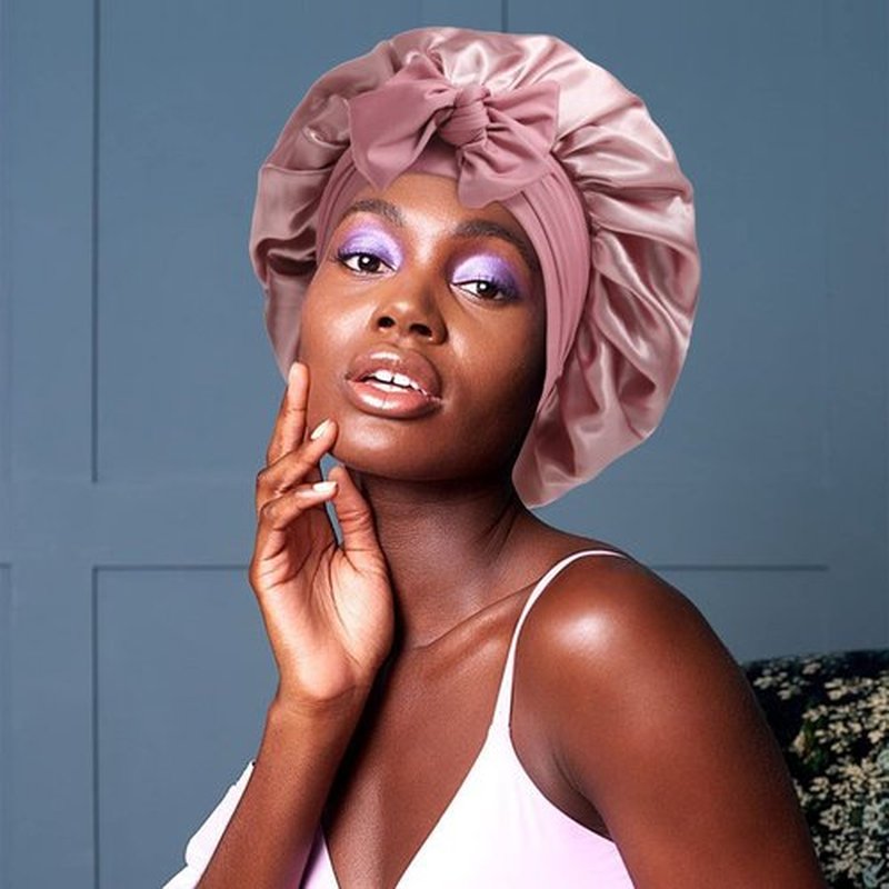 Satin Bonnet for Women - Tie Band Hair Bonnet Large 2 Layered Silk Sleeping Cap Nightcap with 3PCS Hair Scrunchies (Dust Rose)