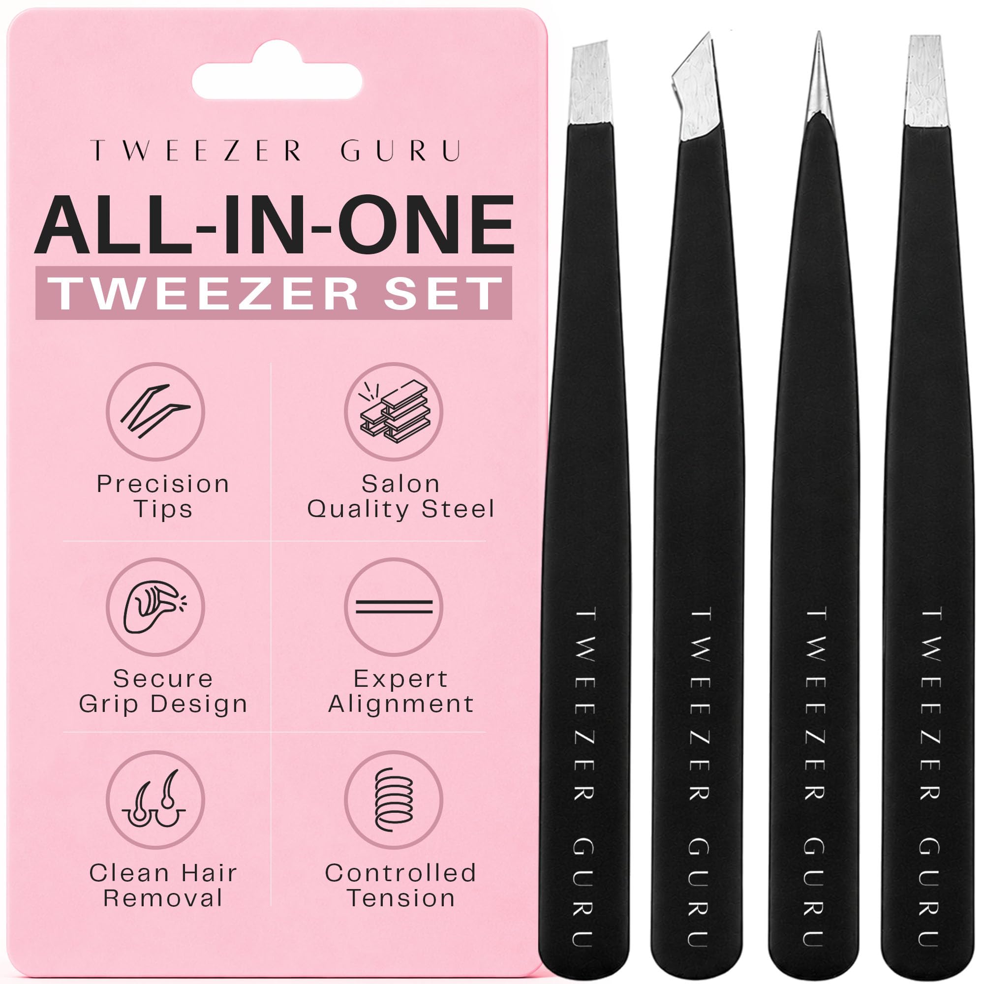 Tweezer Guru Eyebrow Tweezer Set (4-Piece) for Women & Men - Professional Slant and Pointed Tweezers Set with Case - Precision Tweezers Kit for Facial Hair, Splinter and Ingrown Hair Removal