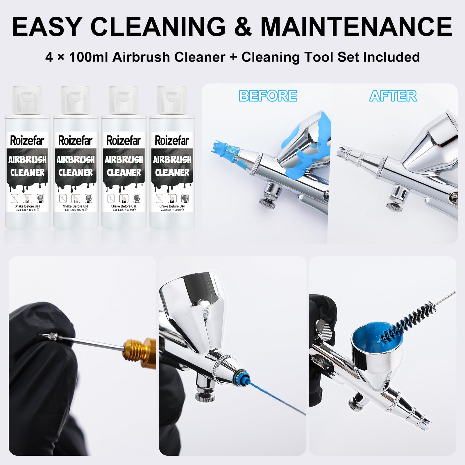 Roizefar Dual-Action Gravity Airbrush Gun with 4 Cleaner for Model Painting