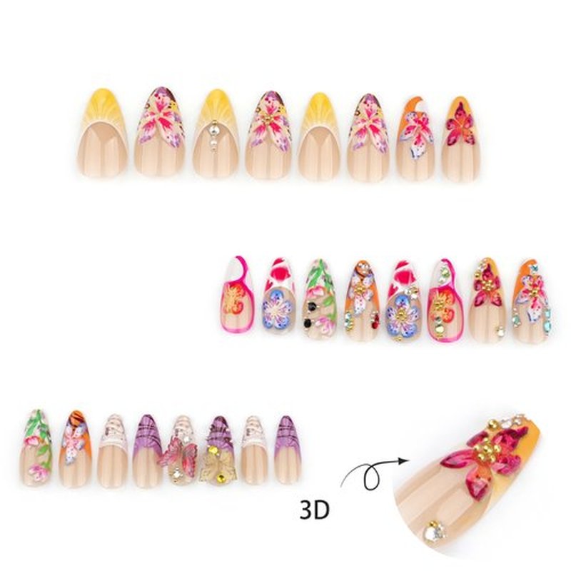 24Pcs Handmade Press on Nails Medium Almond Fake Nails 3D Colorful Spring Floral Butterfly with Gold Charm Beads Rhinestones Glitter Design French Tip False Nails Glue on Nails for Women Acrylic Nail