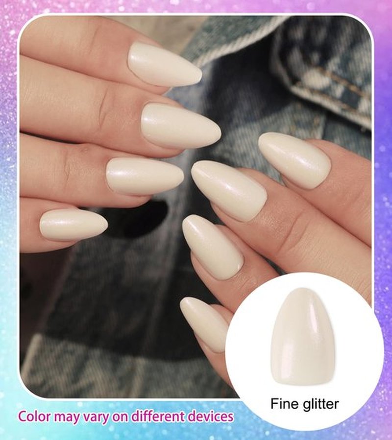 Morily Short Fake Press on Nails Almond with Glitter Designs, Milky White Acrylic Thick Stick on False Nail Reusable Glossy Full Cover Manicure for Women, 32 Pcs