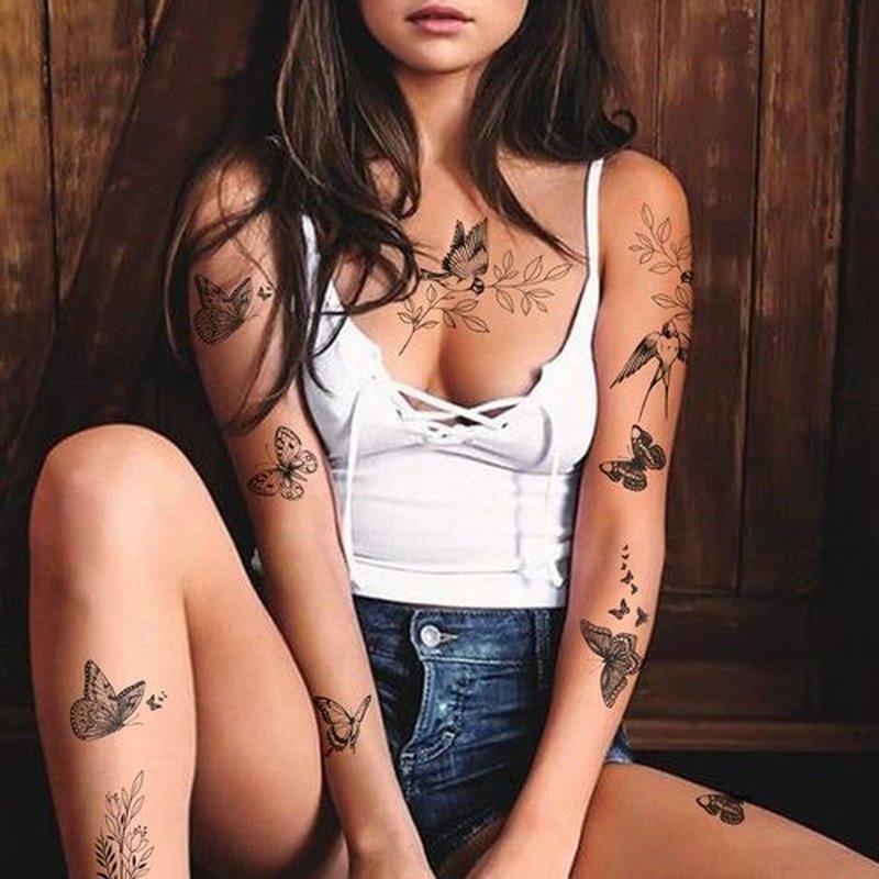 Tazimi 6 sheets large Black Butterfly Temporary Tattoos for Women-flowers butterflies Hummingbird swallow Rose Temporary Tattoos Waterproof Long Lasting Tattoos Stickers Sexy Fake Tattoo for Adults