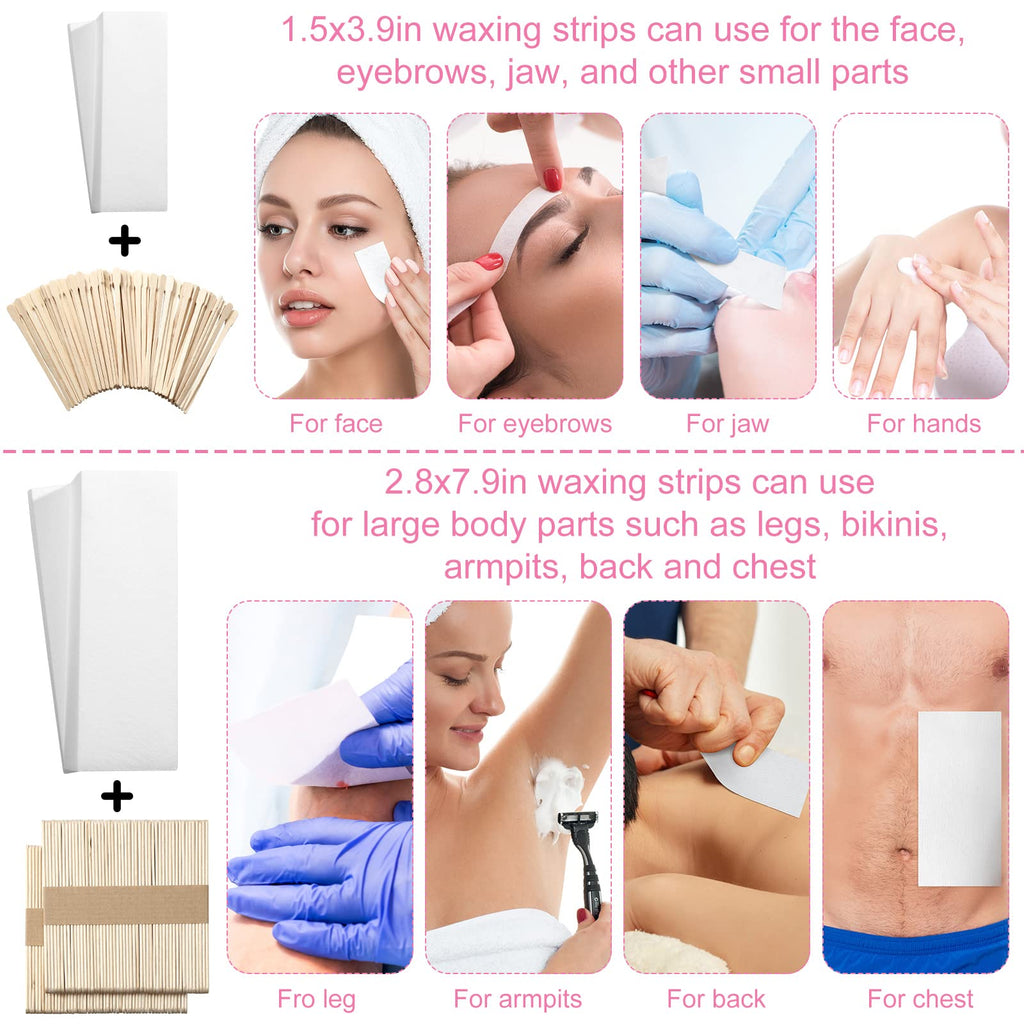 Ireer 1000 Pcs Wax Strips and Sticks Kit 500 Pcs Non Woven Waxing Strips 500 Pcs Assorted Applicator Sticks Soft Wooden Facial Body for Eyebrow Hair Removal Spa Home Women Men Leg