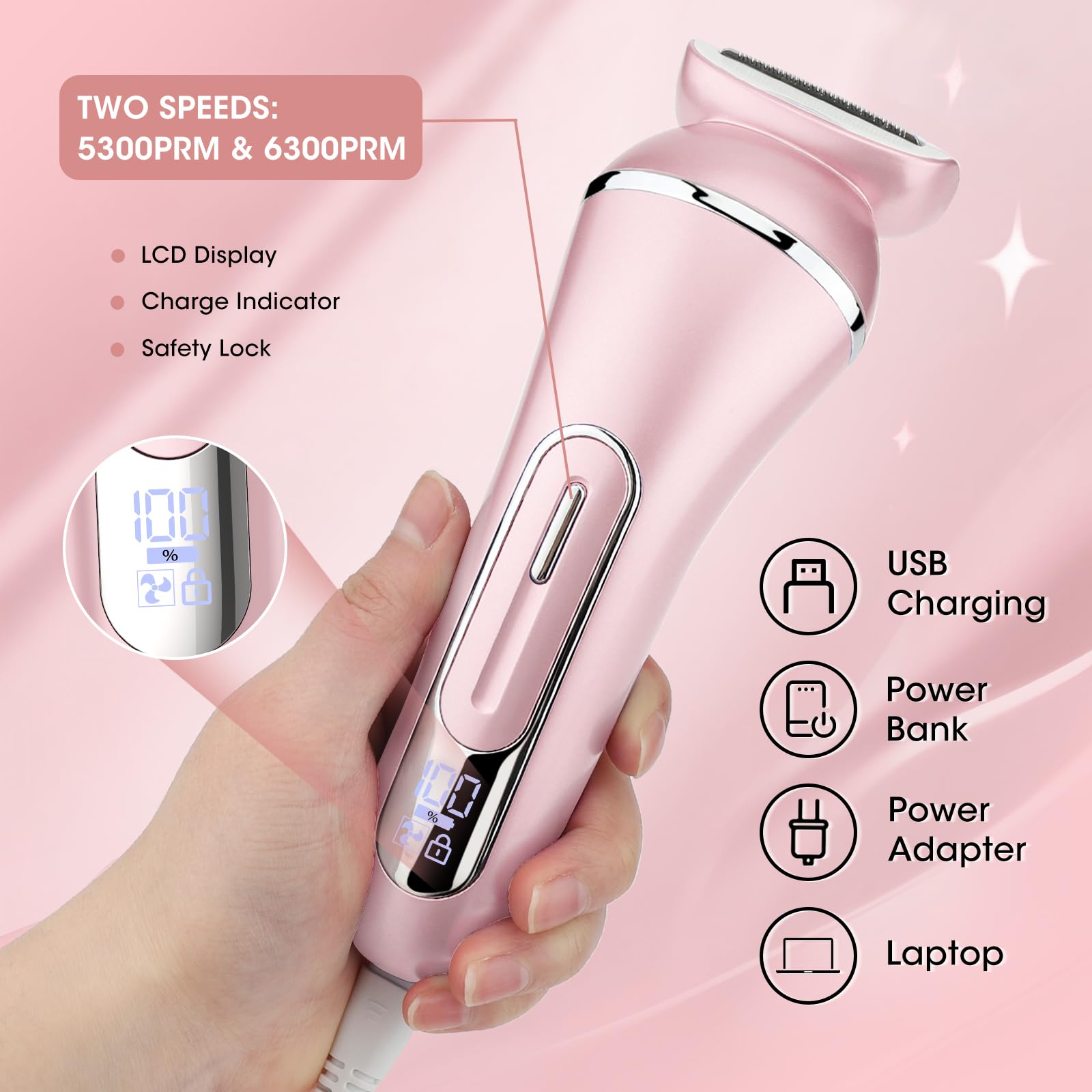 Electric Shavers for Women, 7 in 1 Hair Removal Kit with Epilator Bikini Trimmer Face Razor Body Brush Face Massager Foot Callus Remover, IPX7 Waterproof Lady Razors Set for Legs Armpit Bikini Pubic