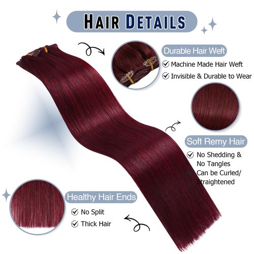 Sunya Clip in Hair Extensions Real Human Hair 7 Pcs Human Hair Clip in Extensions 14 Inch Straight Double Weft Remy Human Hair Extensions Clip ins for Women #99J Burgundy 70G