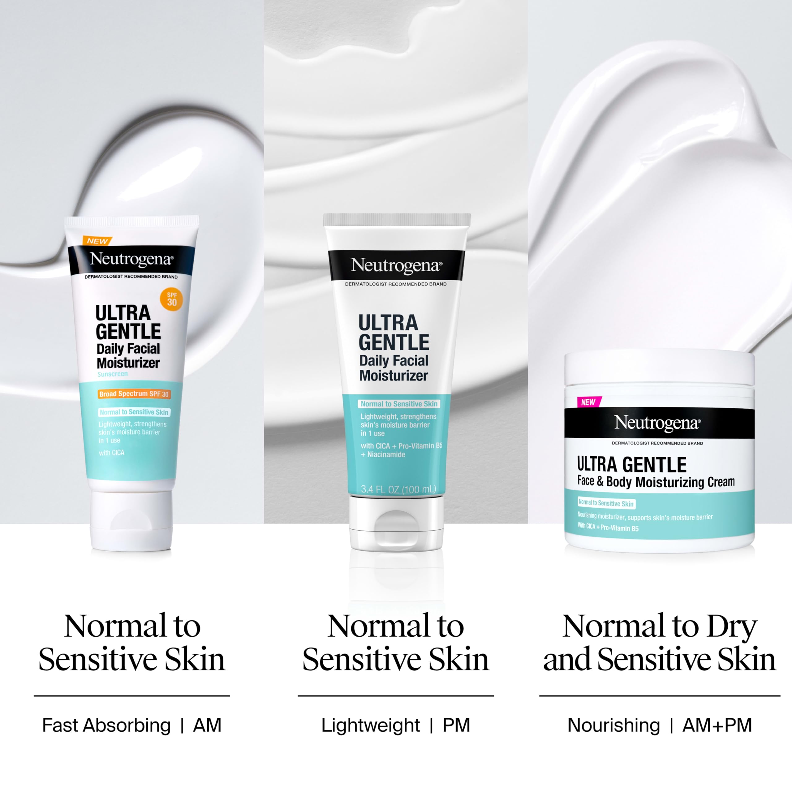 Neutrogena Ultra Gentle Daily Facial Moisturizer with SPF 30 Sunscreen with CICA, Lightweight Face Lotion with Broad Spectrum SPF 30 for Normal to Sensitive Skin, Fragrance-Free, 3.4 fl. oz