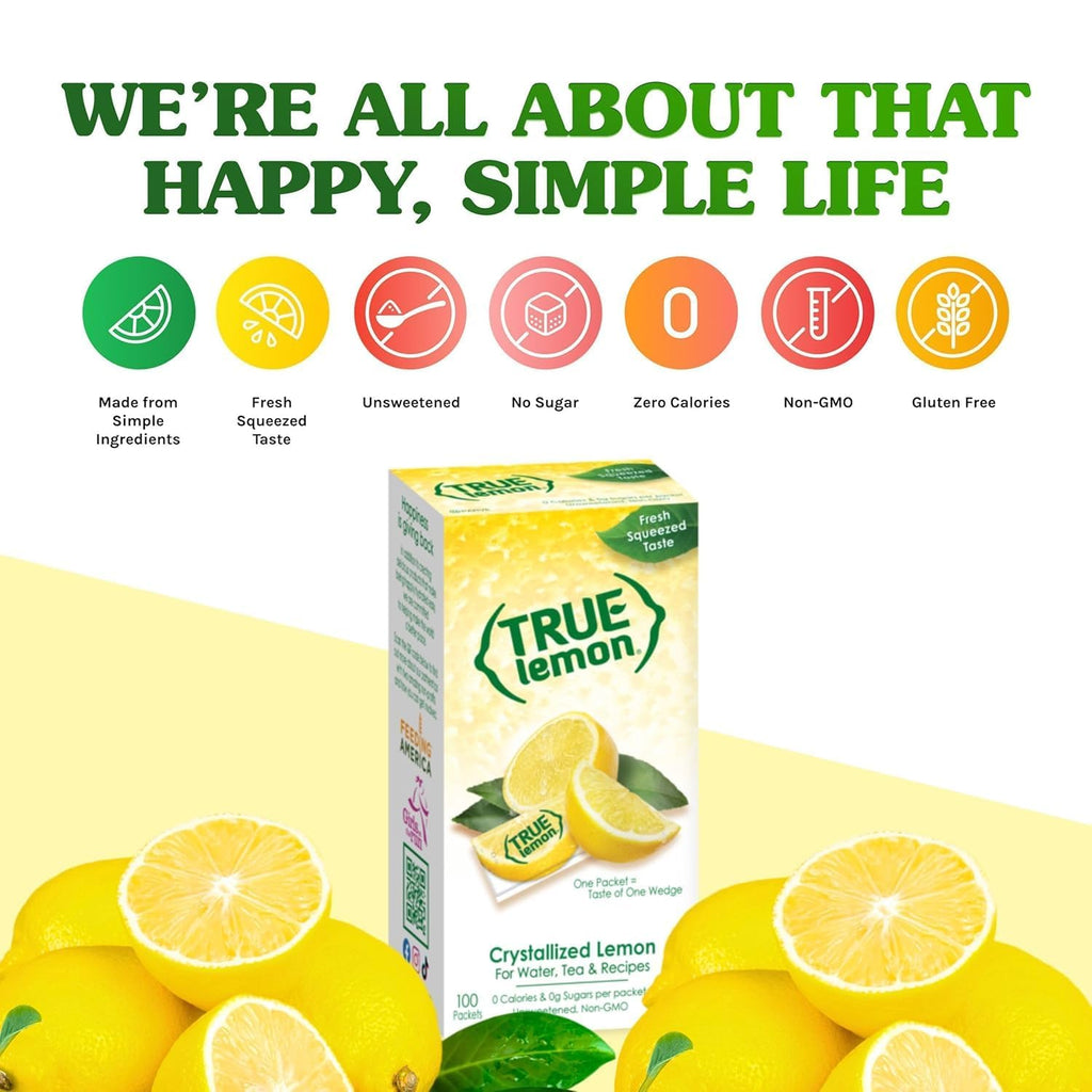 TRUE LEMON Water Enhancer, Bulk Dispenser, 100 Count (Pack of 1), 0 Calorie Drink Mix Packets For Water, Sugar Free Lemon Flavoring Powder Packets