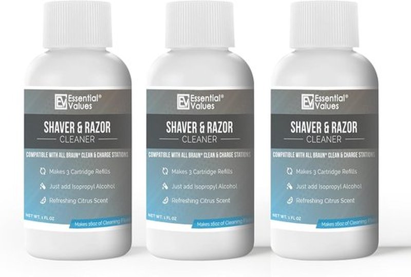 Essential Values Electric Shaver Cleaning Solution - Compatible with Braun Clean & Renew - 3 Bottles for 9 Refills - Made in USA