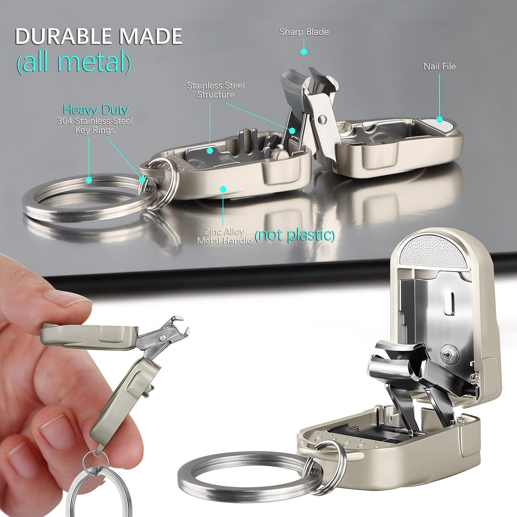 VOGARB Portable Mini Nail Clippers Collapsible Keychain Nail Clipper for Men and Women Fingernail and Toenails, Stainless Steel, Champagne