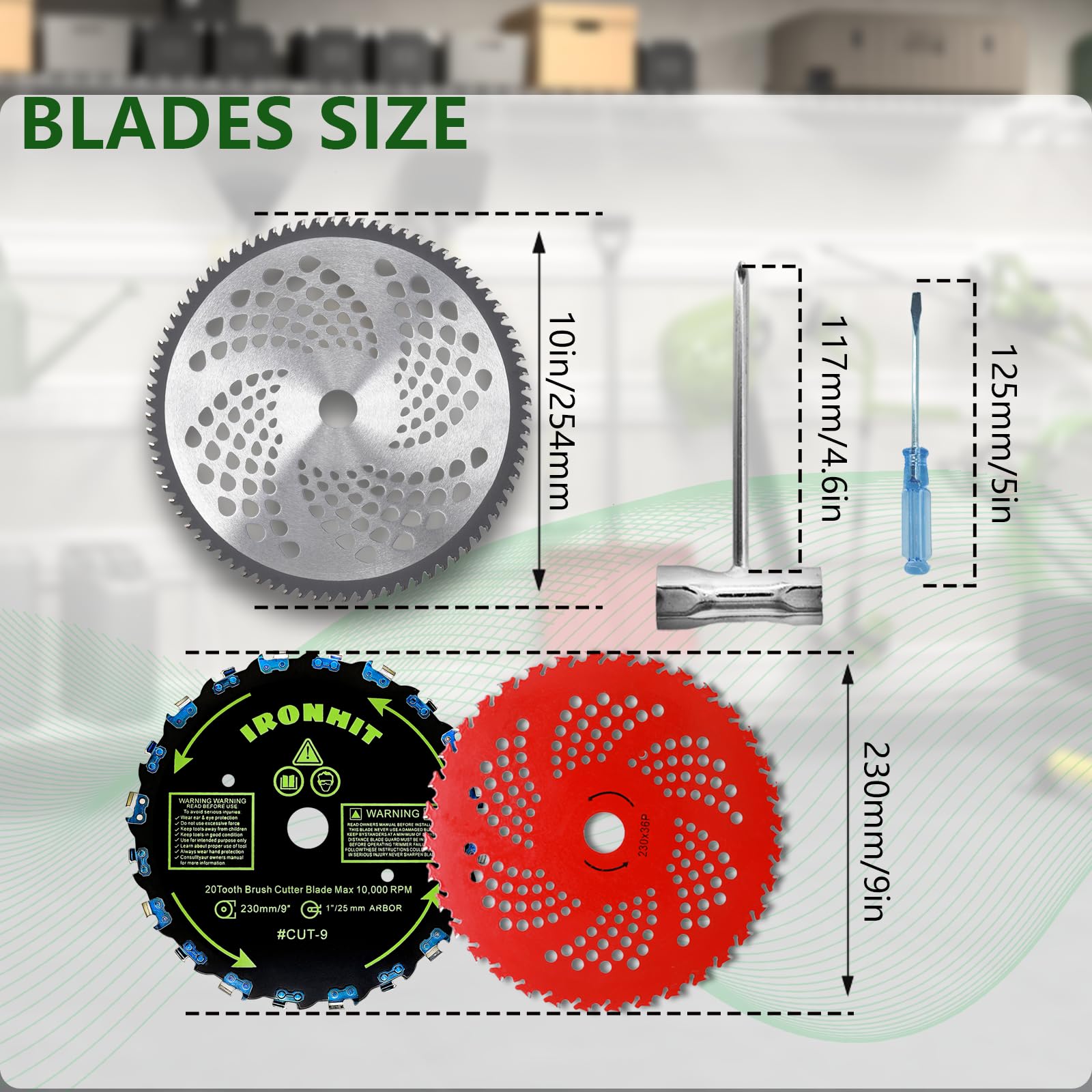 IRONHIT 9" x 20T Chainsaw Tooth Brush Cutter Blades, 9" x 36 Teeth Carbide Tipped Blades, 10" x 80T Carbide Tip Blades,Trimmer Blades,1'' / 2.54MM Arbor Size (3 Blades with Adaptor Kits)