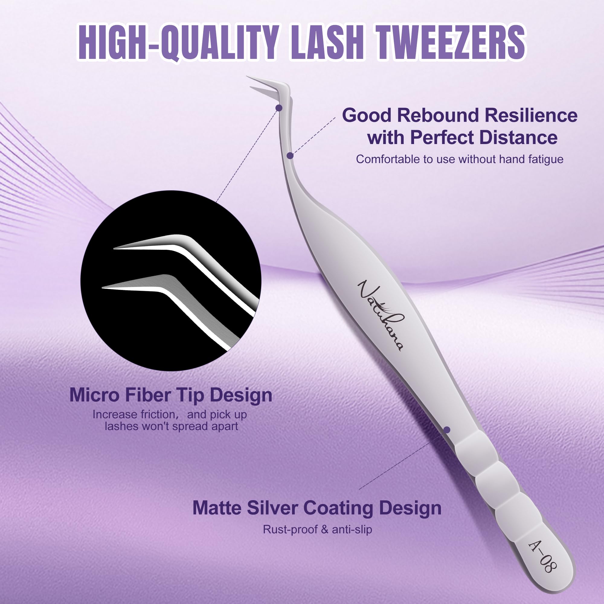 Natuhana High Precision Lash Tweezers for Individual and Volume Eyelash Extensions Pointed Premium Stainless Steel Curved Fiber Tip Professional Isolation Tweezer(Wide-S Curved Tip Tweezer A-08)