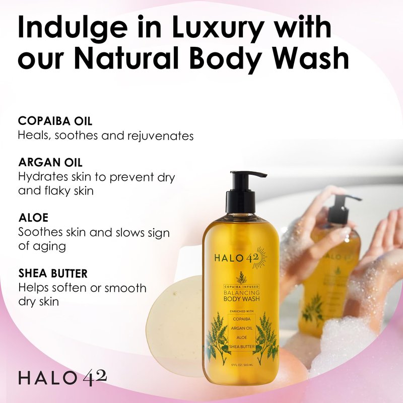 Halo 42 Body Wash – Organic & Natural Copaiba Infused Shower Gel Cleanser, Hydrating Skin Cleanser with Aloe Vera, Argan Oil and Shea Butter – Soothing & Refreshing Formula for All Skin Types – 16 oz