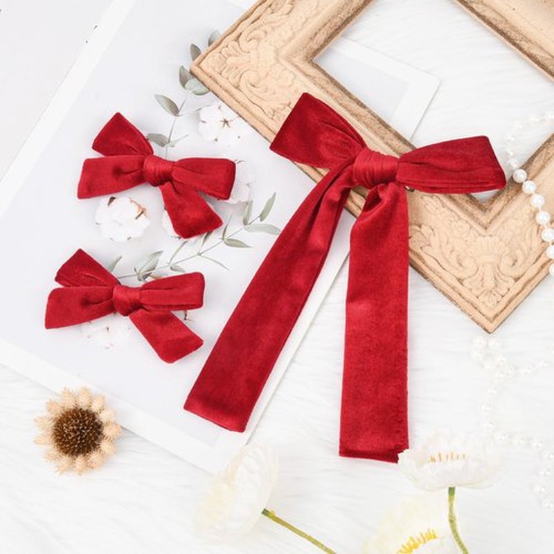DEEKA Red Velvet Hair Bows 2 Sizes Long and Basic 4” Hair Bow Set for Toddler Girls Long Ponytail Knot Bows Alligator Clip Hair Accessories for Little Girls (Red)