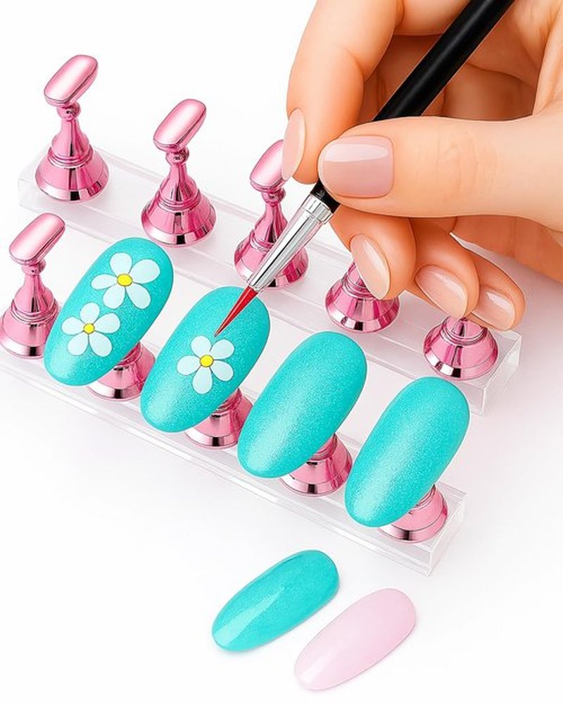 Nail Art Tools Set – 15pcs Pink Nail Art Brushes, 5pcs Dual-Ended Dotting Pens, 10 Nail Stands with 2 Bases, Nail Art Palette, Double-Sided Tape & Adhesive Tabs for DIY Nail Design