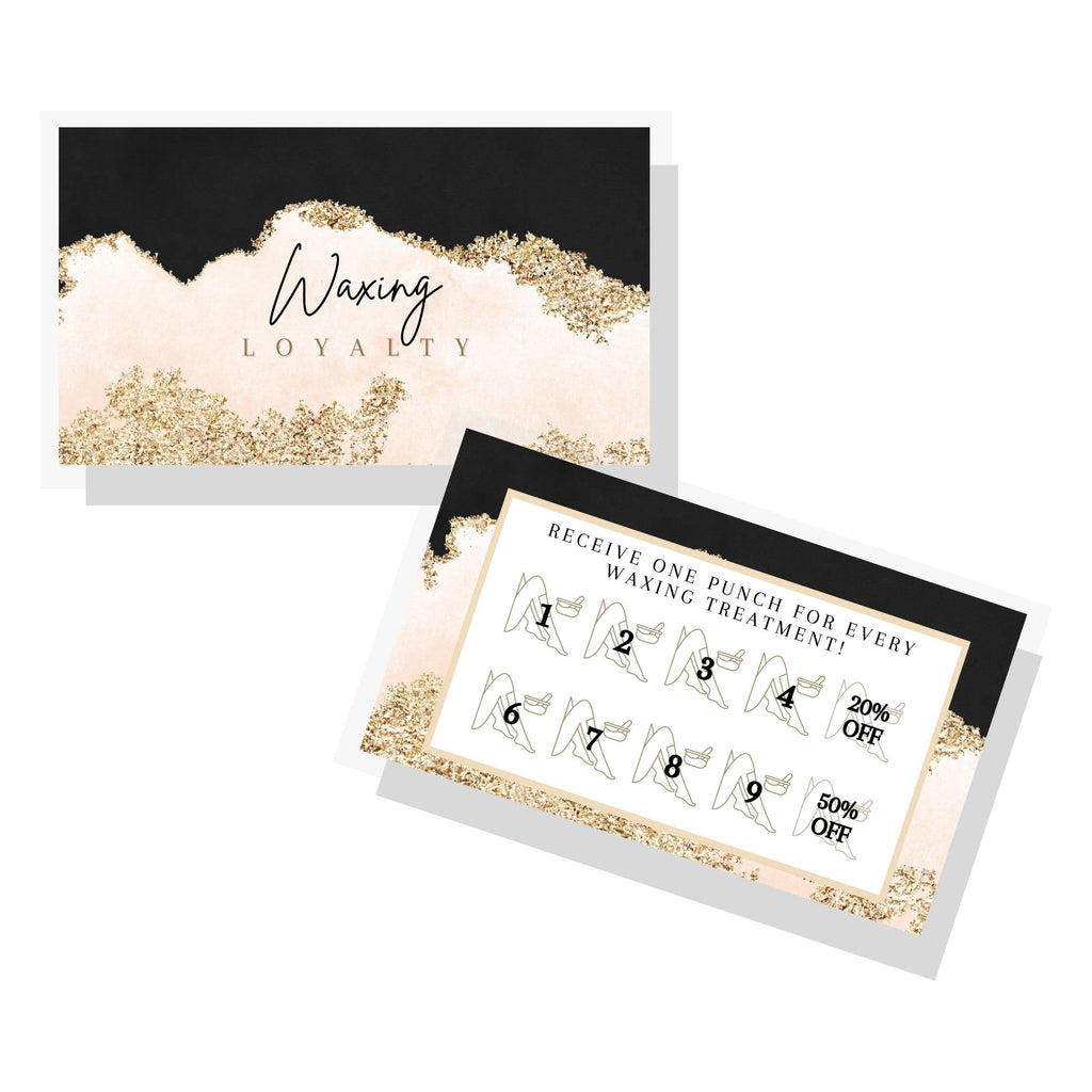 Boutique Marketing Waxing Loyalty Discount Cards | 50 Pack | Size 2x3.5'' inches Business Card Size | Matches Waxing Aftercare Kit Cards PMU | Black, Pink, and Gold Design