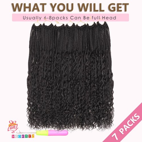 Eeanno Goddess Box Braids Crochet Hair for Black Women 24 Inch 7 Packs Natural Black Boho Hair Pre Looped Crochet Box Braids with Curly Ends, 1B