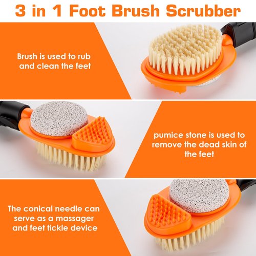 LYIGEOL Foot Scrubber with Pumice Stone, 3 in 1 Adjustable Aluminum Tube 15”-28” Shower feet Dead Skin Remover, Foot Cleaning Brush for Seniors,Elderly, Disabled Men and Women