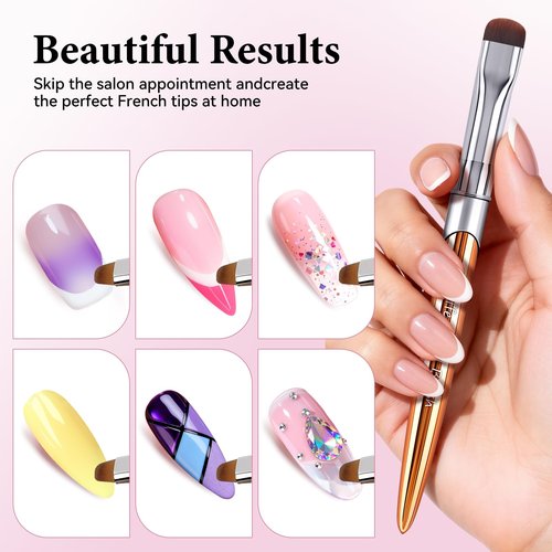 French Brush for Nails & Gel Polish Clean Up, Dual-Use Metal Handle Nail Art Brush with Cap for French Tips, Acrylic, Polygel | Professional Manicure Tool (Gold)