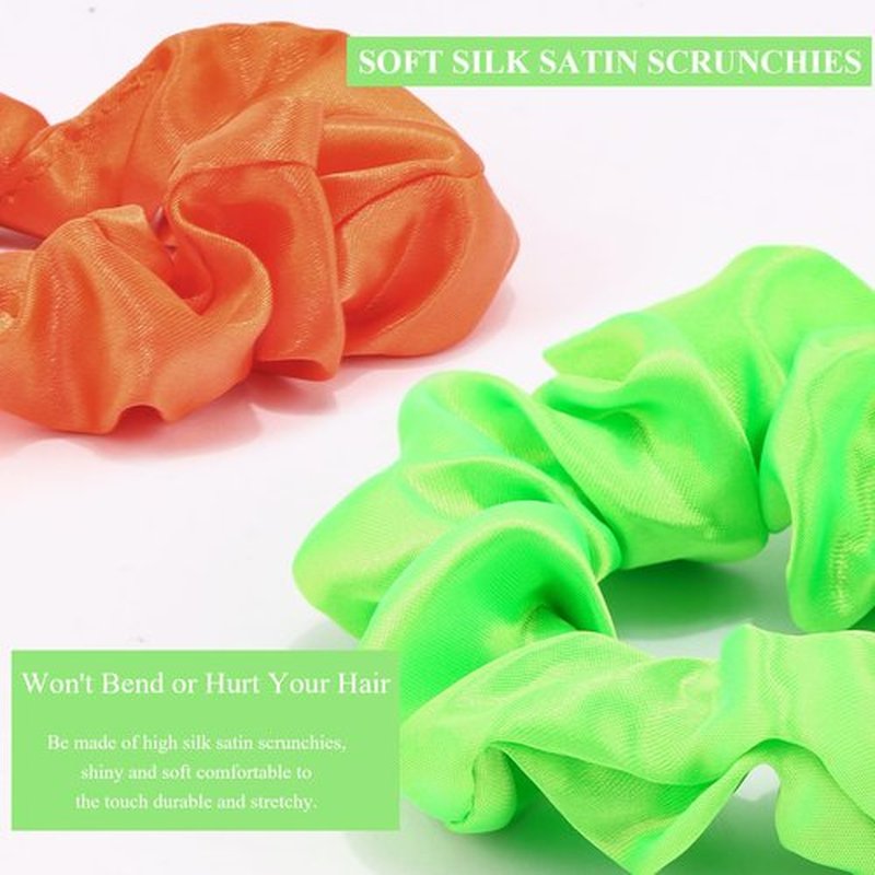 KICOSY 12 Pack Neon Scrunchies in 6 Colors - Satin Soft Hair Ties, Ideal for 80s/90s Looks, Glow Party & Daily Style