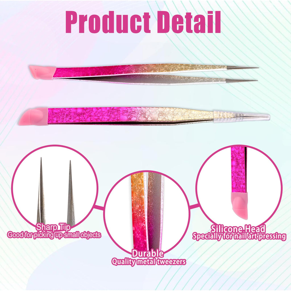 2 PCS Double Ended Nail Art Tweezers, Stainless Steel Straight and Curved Tip Tweezers with Silicone Pressing Head for Eyelash Extensions,DIY Crafts, Nail Art, Scrapbooking,Jewelry Making