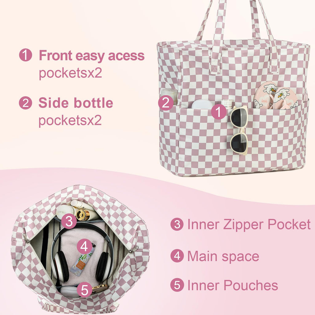 LEDAOU Beach Bag Waterproof Sandproof Women Beach Tote Pool Bag with Zipper for Swim Gym Grocery Travel with Wet Pocket