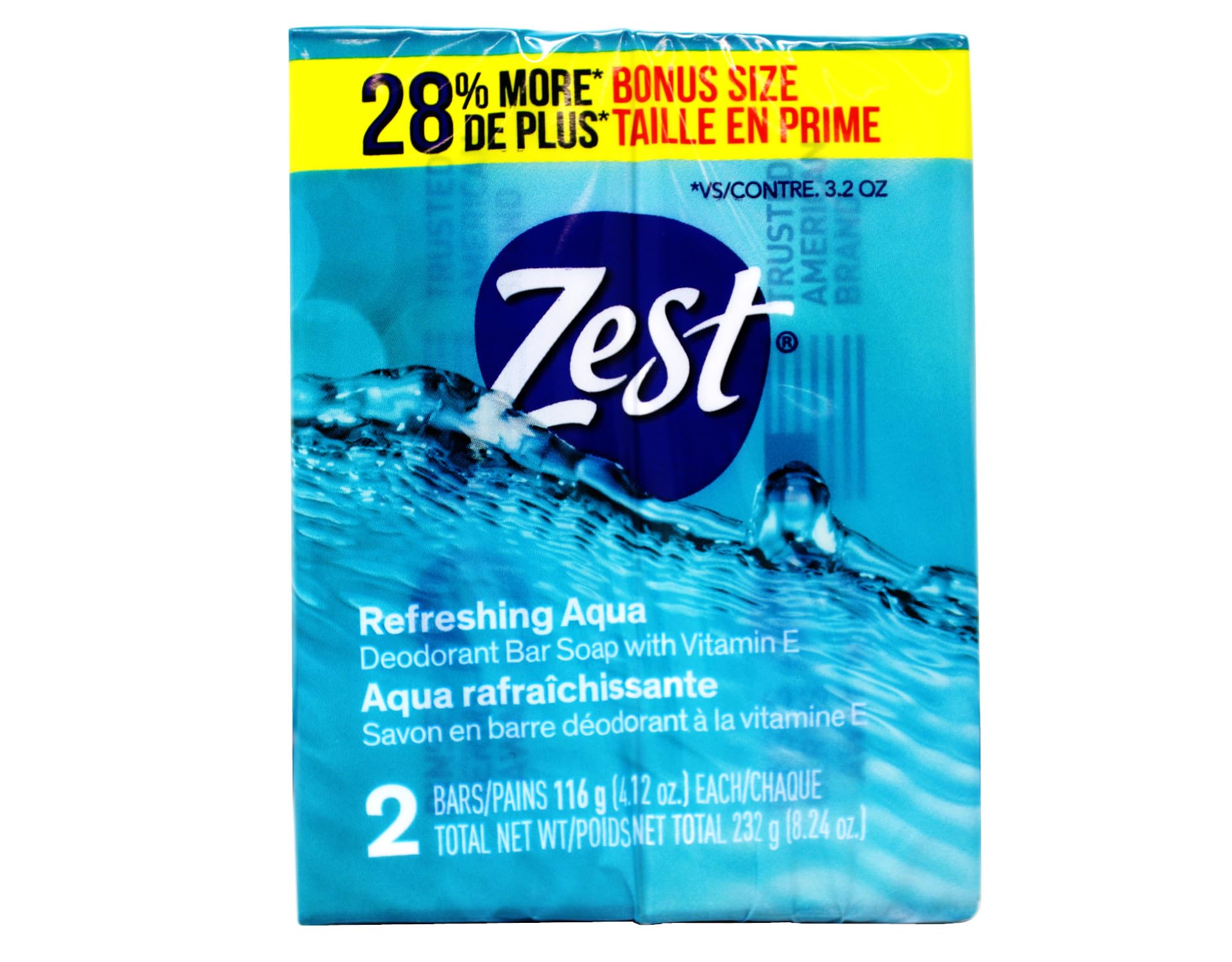 Zest Refreshing Aqua Deodorant Bar Soap with Vitamin E, Rinses Germs Away, 2 ct, 4.12 oz Each (Pack of 3)