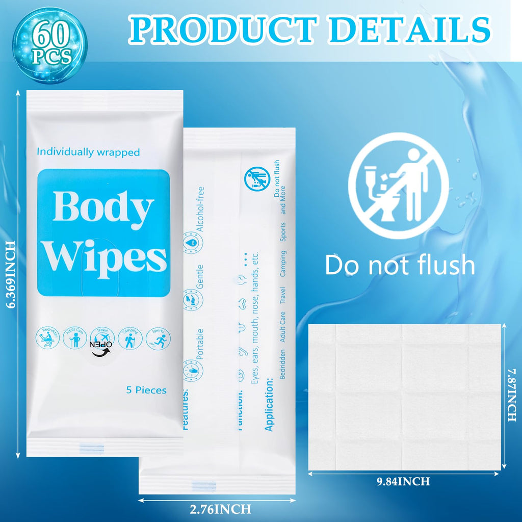 Threlaco 300 Pcs 60 Pack Body Wipes for Adults Bathing No Rinse Individually Wrapped Shower Wipes Washcloth with Aloe Cleansing Body Wash Cloths Disposable Bulk Deodorant Homeless(White Background)