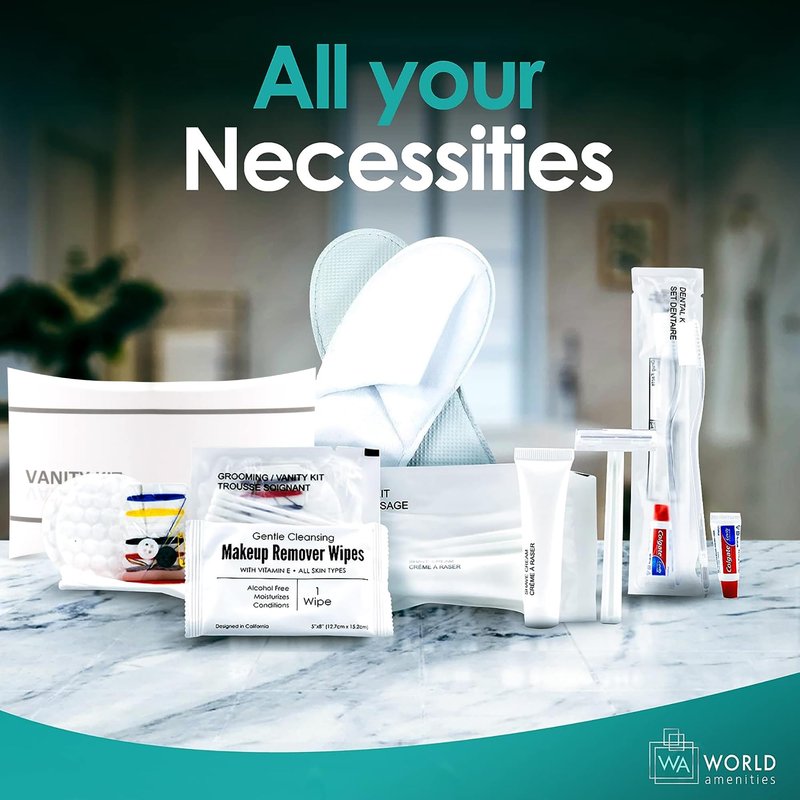 World Amenities Necessities Grooming Vanity Kit | Hotel Amenities | Includes Sewing Kit, Nail File, Cotton Swabs, 2 Cotton Rounds and Band-Aid | Pack of 25 Kits
