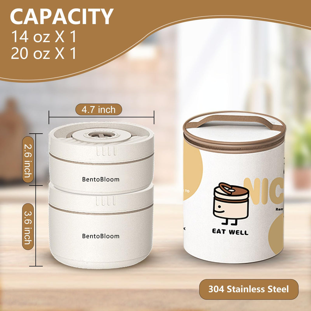 BentoBloom Bento Box Adult — Round Stackable Lunch Box for Women (450ml & 600ml) with Insulated Carry Bag | 304 Stainless Steel Removable Inserts | Microwave & Dishwasher Safe, White