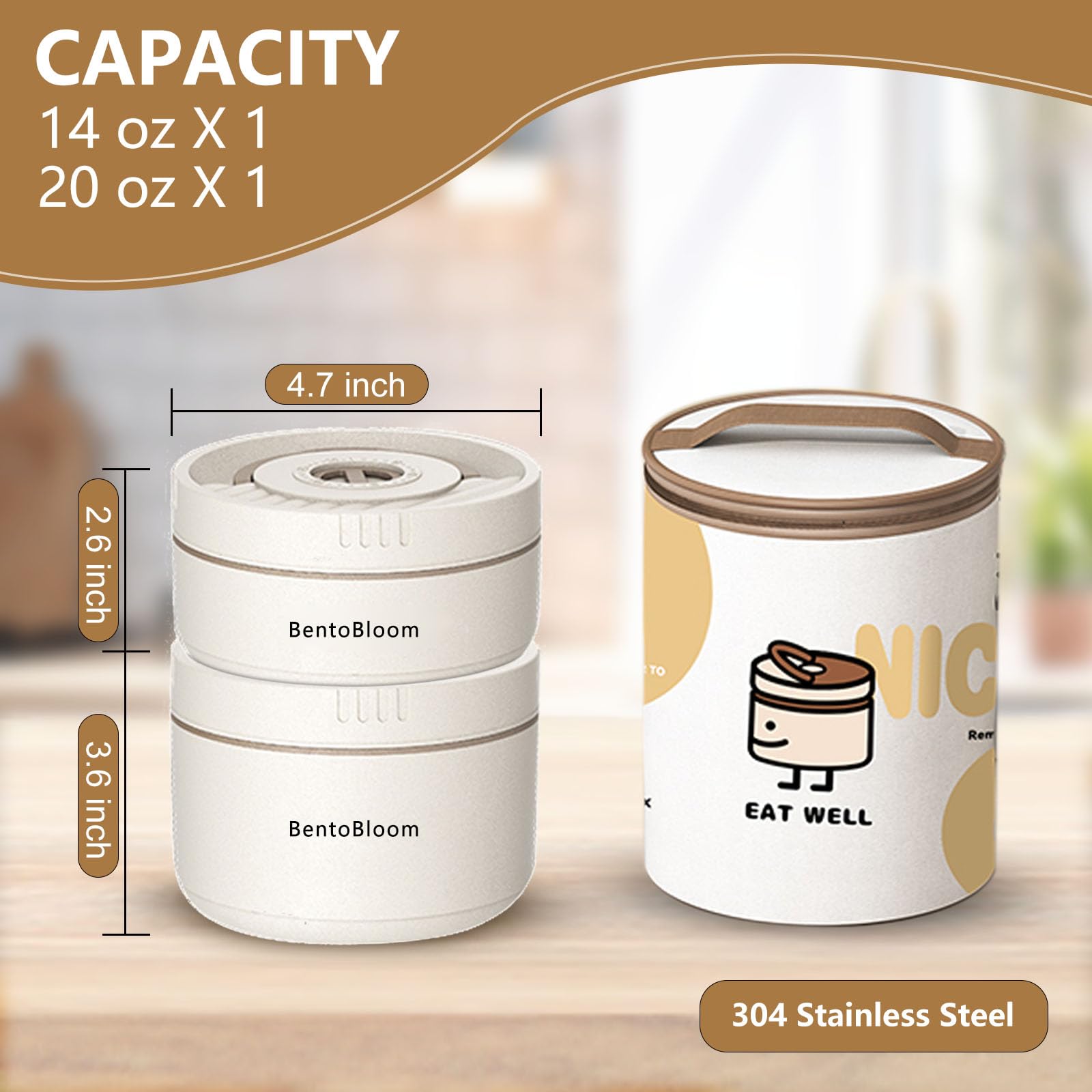 BentoBloom Bento Box Adult — Round Stackable Lunch Box for Women (450ml & 600ml) with Insulated Carry Bag | 304 Stainless Steel Removable Inserts | Microwave & Dishwasher Safe, White
